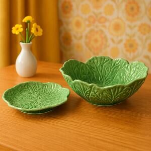 Vintage Kitchen: Bordallo Pinheiro Green Cabbage Leaf Salad Serving Bowl & Plate